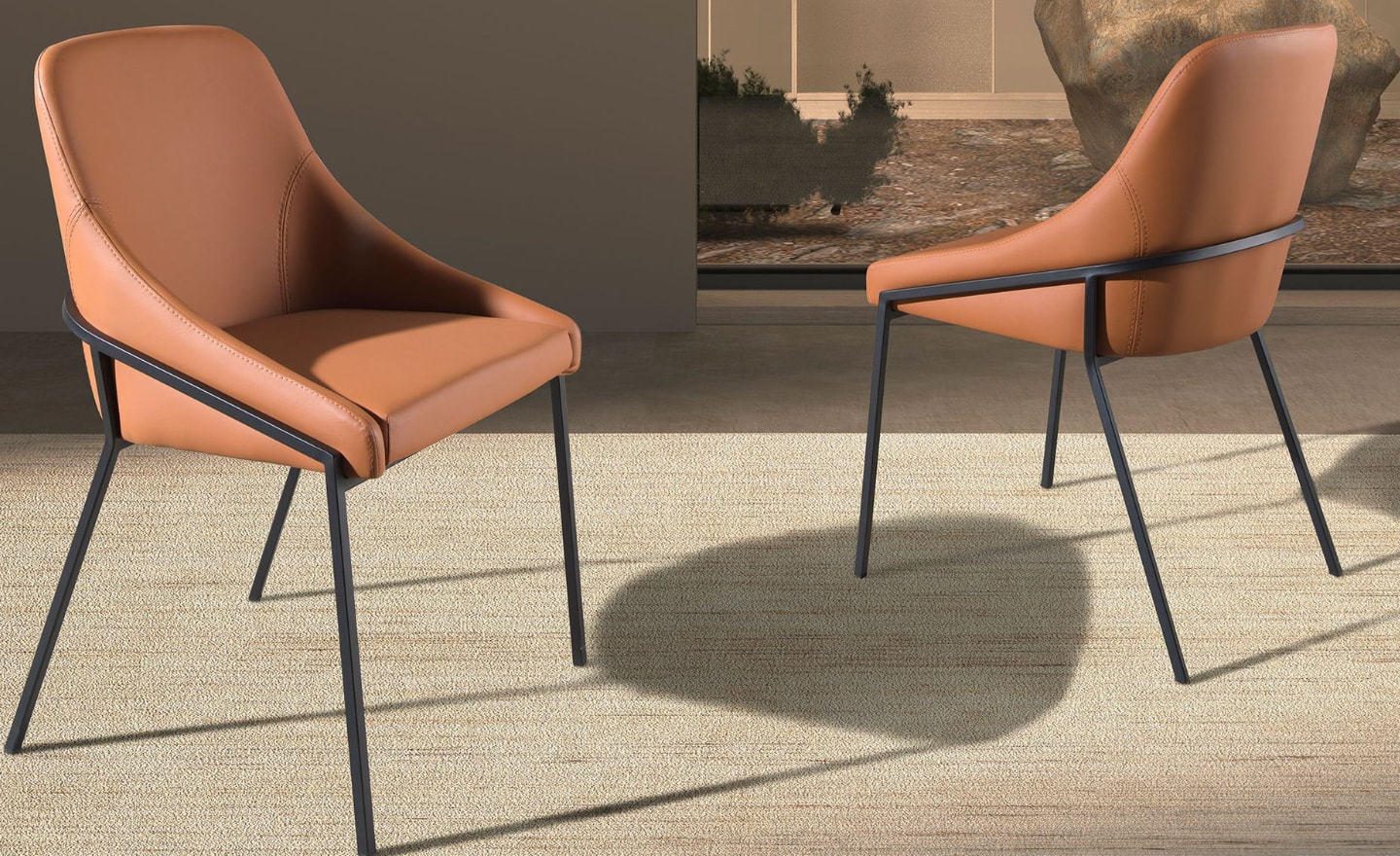 Cadeira Elan 4161 com estofos em pele laranja e pernas em aço preto | Moveistore