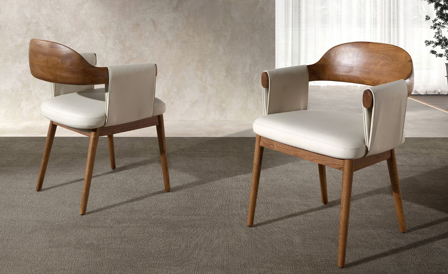 Cadeira Enzo 5186 em couro sintético creme com pernas em madeira cor de nogueira | Moveistore