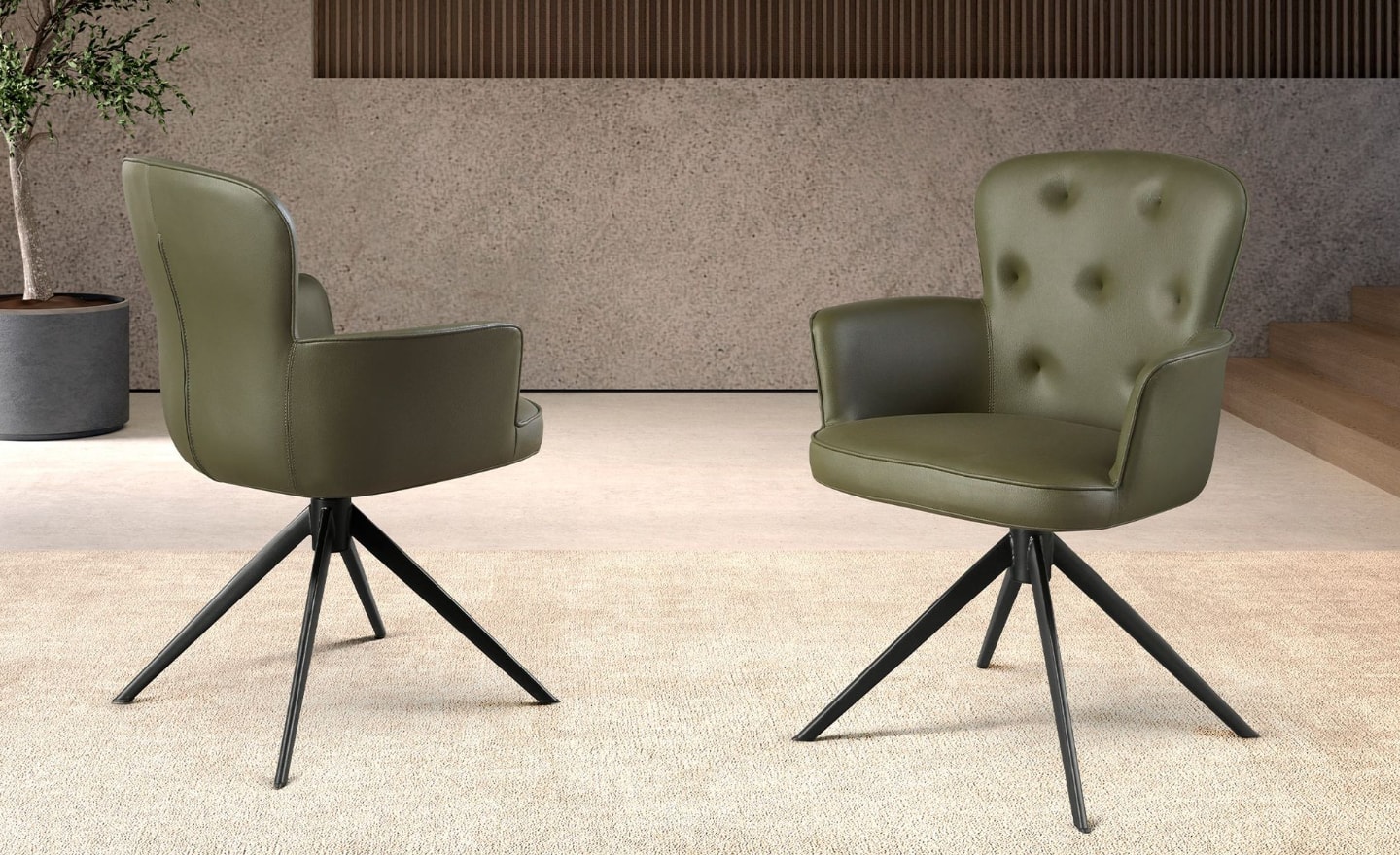 Cadeira Giratória Daro 4192 com estofado em pele sintética verde escura e base giratória em aço preto mate | Moveistore