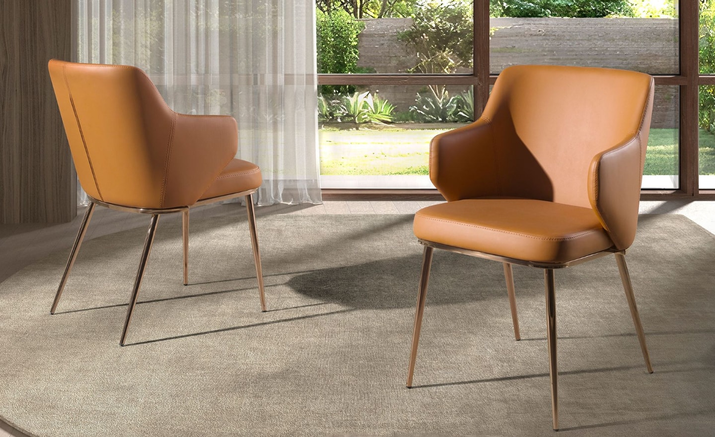 Cadeira Iven 4162 com estofado em couro sintético castanho e pernas em aço cromado ouro rosa | Moveistore