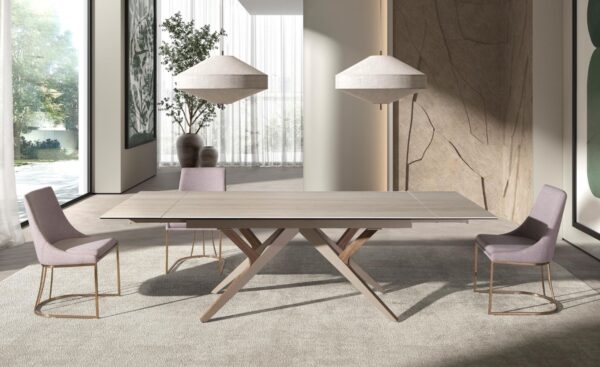 Cadeira Nair 4182 com estofado em tecido cinzento e pernas em aço cromado ouro rosa | Moveistore