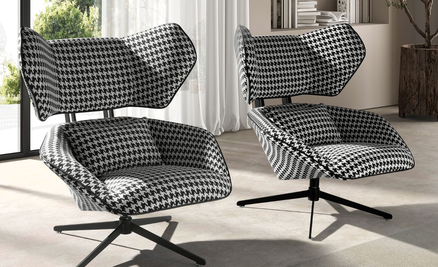 Cadeirão Giratório Delta 5142 com estofo houndstooth preto e branco e base giratória em aço preto | Moveistore