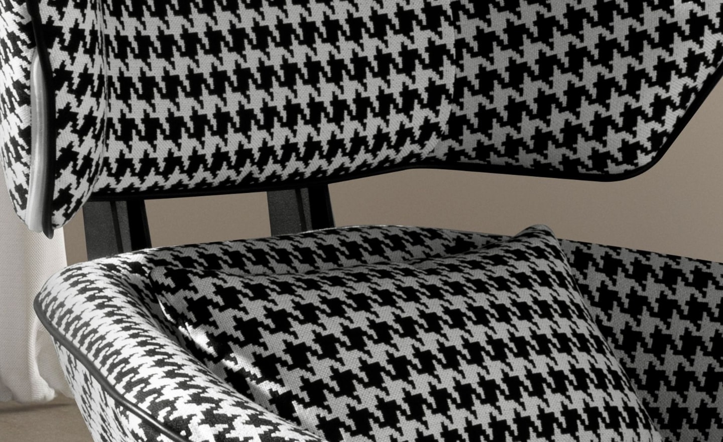 Cadeirão Giratório Delta 5142 com estofo houndstooth preto e branco e base giratória em aço preto | Moveistore