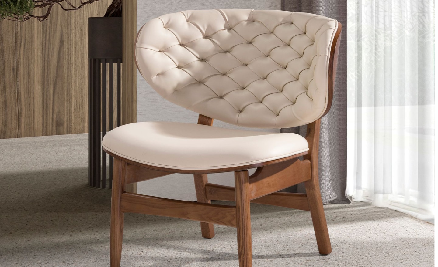 Cadeirão Palma 5141 com revestimento em couro ecológico areia, estrutura em nogueira e encosto capitonné | Moveistore