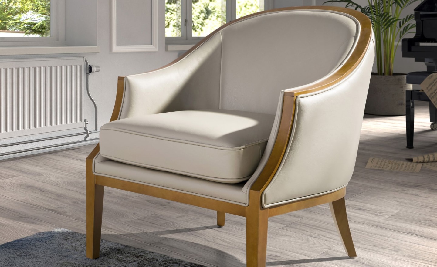 Cadeirão Tivoli 5127 com estrutura em madeira e estofos em pele de vaca cor de areia | Moveistore