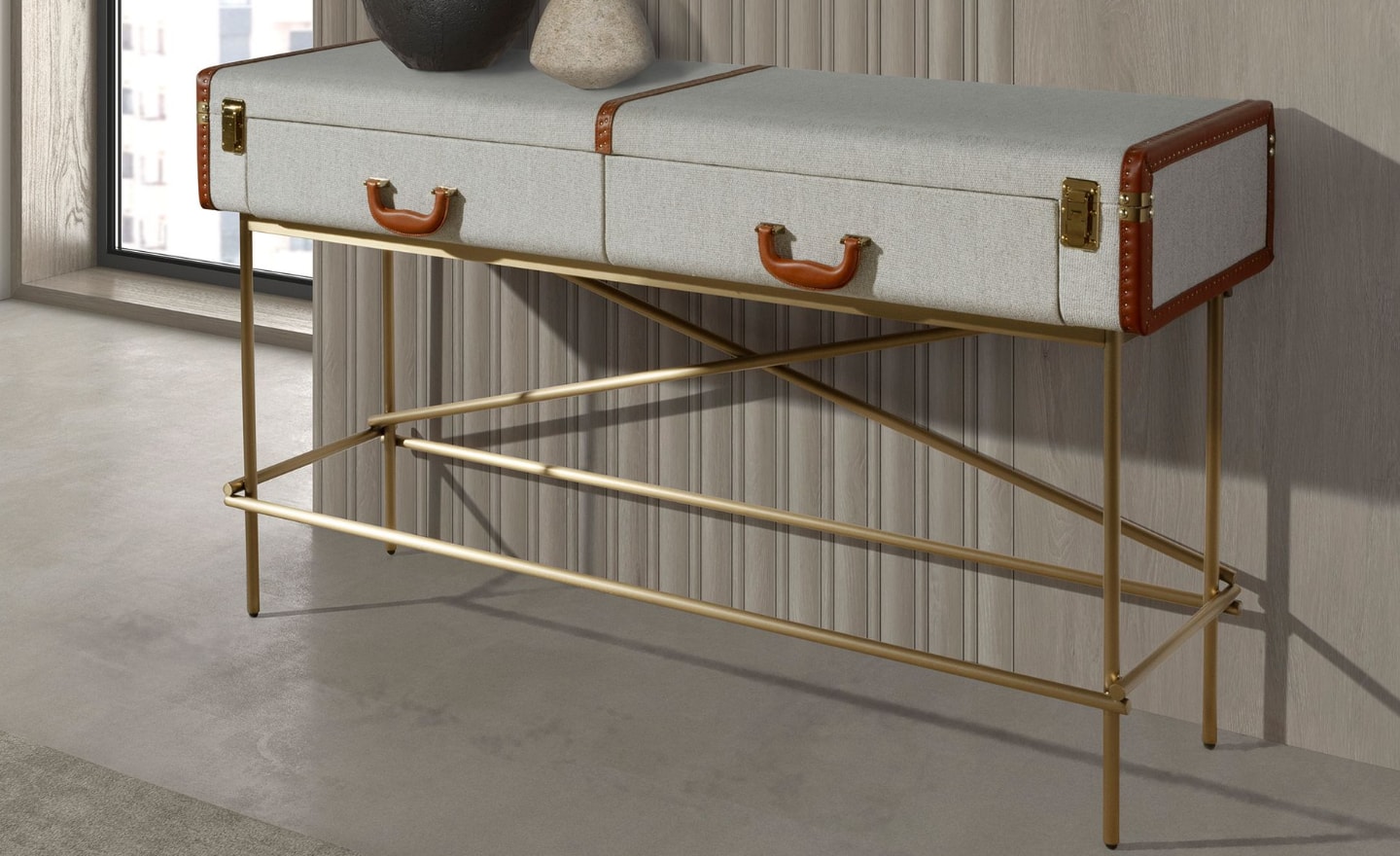 Consola Atria 3271 com estrutura em nogueira, estofado cinzento e pernas metálicas douradas | Moveistore