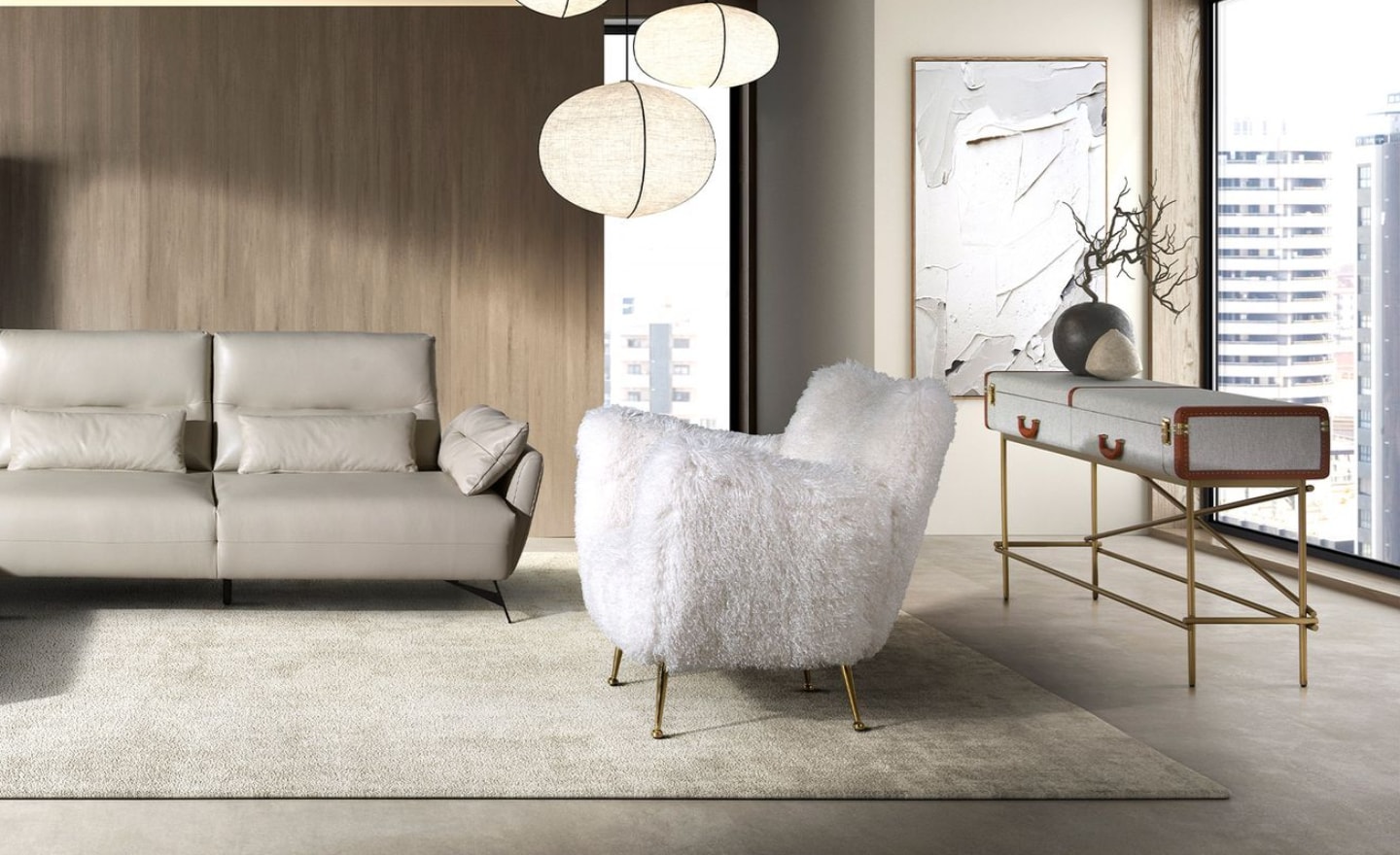 Consola Atria 3271 com estrutura em nogueira, estofado cinzento e pernas metálicas douradas | Moveistore