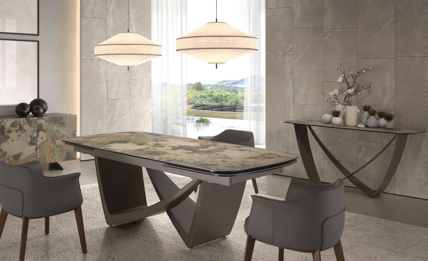 Consola Brise 3269 com tampo em mármore porcelânico mate e pernas metálicas taupe | Moveistore