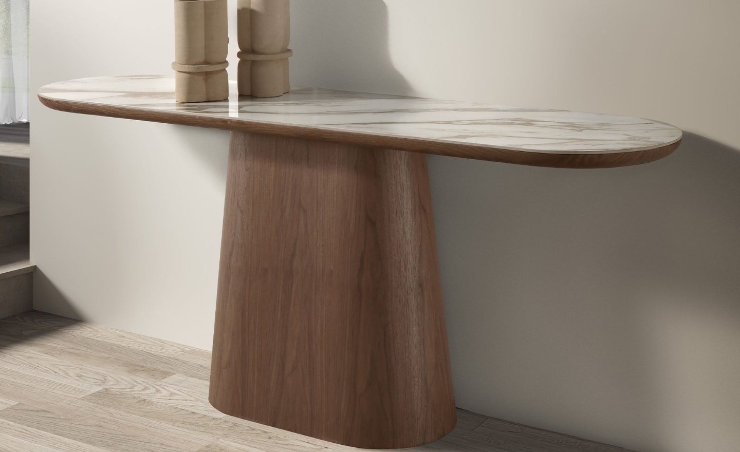 Consola de Entrada Armonia 3284 com tampo em mármore porcelânico branco e base em madeira nogueira | Moveistore