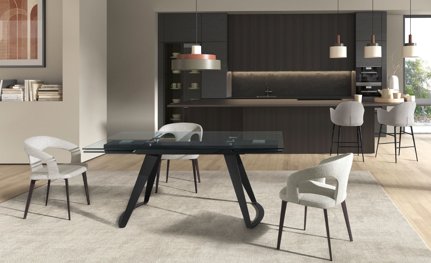 Mesa de jantar extensível com tampo em vidro temperado e pernas em aço preto, ideal para até 10 pessoas | Moveistore