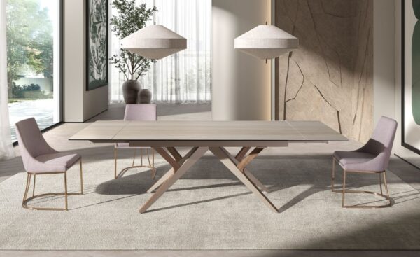 Mesa de Jantar Extensível Eryx 1155 com tampo em mármore porcelânico cor de areia e estrutura metálica com detalhe em nogueira natural | Moveistore