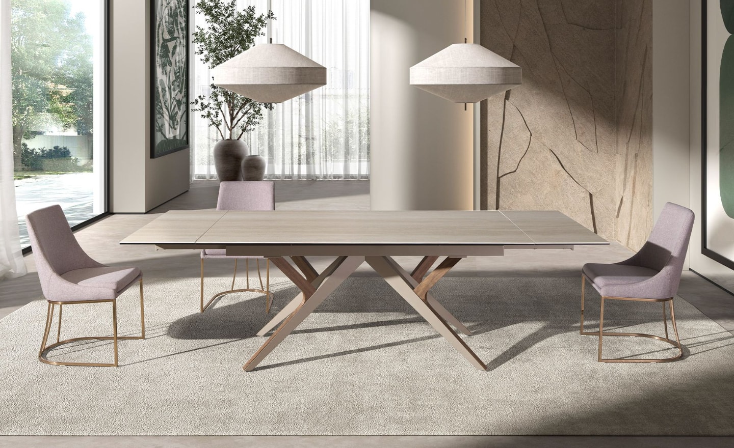 Mesa de Jantar Extensível Eryx 1155 com tampo em mármore porcelânico cor de areia e estrutura metálica com detalhe em nogueira natural | Moveistore