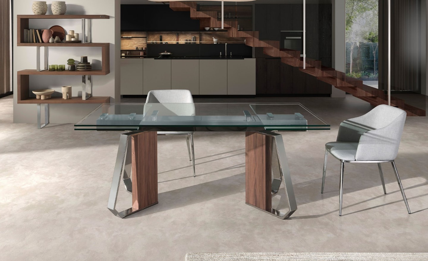 Mesa de Jantar Extensível de Vidro Aren 1159 com tampo em vidro temperado e pernas em nogueira natural com detalhes em aço cromado | Moveistore