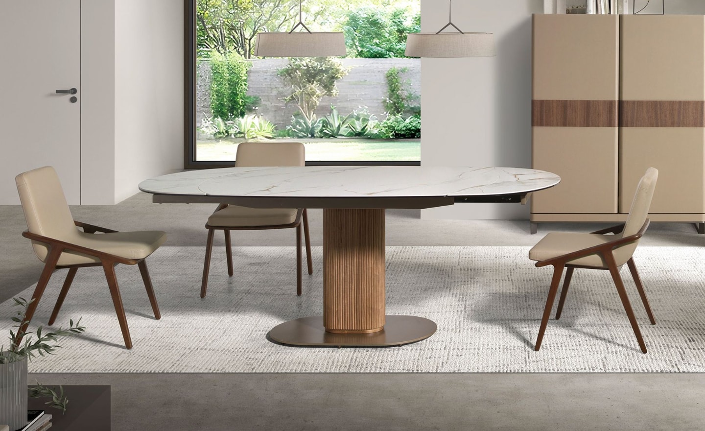 Mesa de Jantar Oren 1165 com tampo oval em mármore porcelânico branco e estrutura em madeira de nogueira com base champanhe | Moveistore