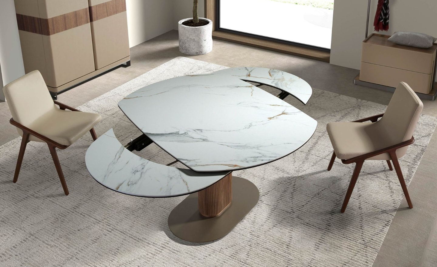 Mesa de Jantar Oren 1165 com tampo oval em mármore porcelânico branco e estrutura em madeira de nogueira com base champanhe | Moveistore
