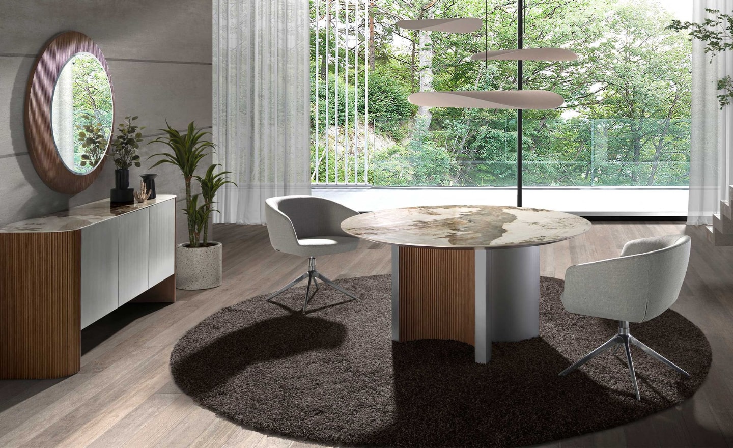 Mesa de Jantar Varyn 1140 com tampo em mármore porcelânico branco com veios cinzentos e dourados e pernas em aço lacado champanhe | Moveistore