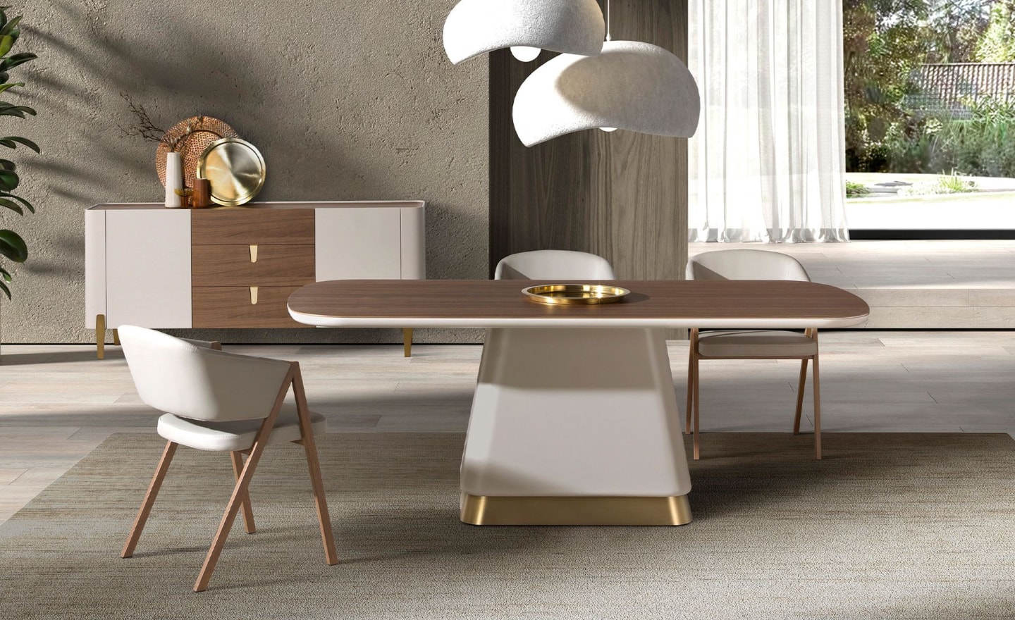 Mesa de Jantar Auren 1166 com tampo em nogueira natural, pernas bege e base dourada em aço inox | Moveistore