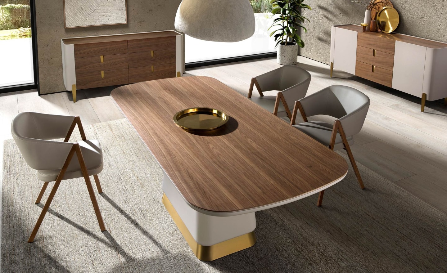 Mesa de Jantar Auren 1166 com tampo em nogueira natural, pernas bege e base dourada em aço inox | Moveistore