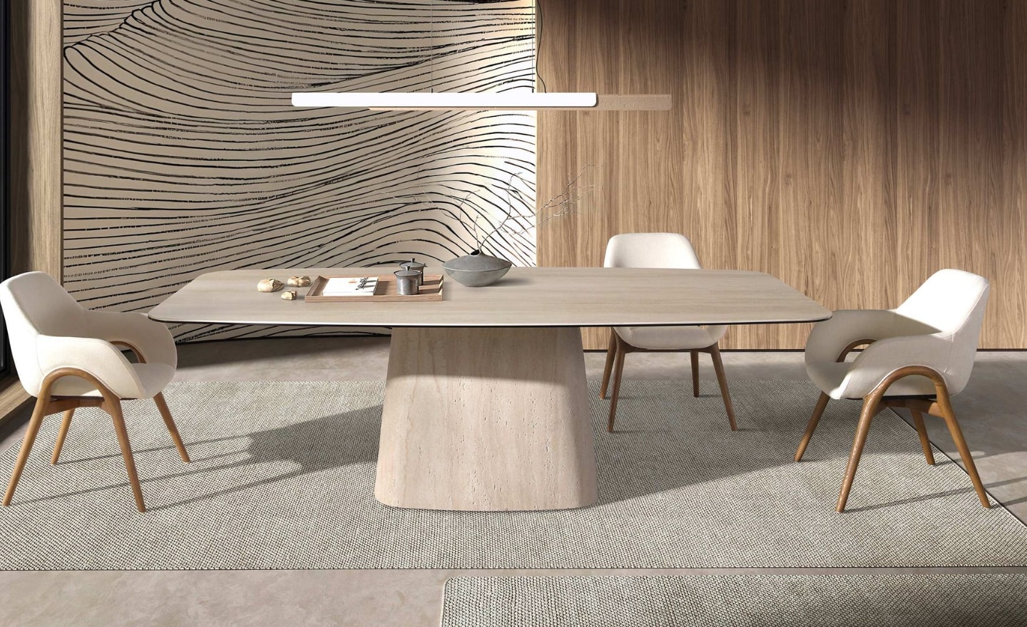 Mesa de Jantar Eiran 1171 oval com tampo em mármore porcelânico cor de areia e pernas revestidas a madeira | Moveistore