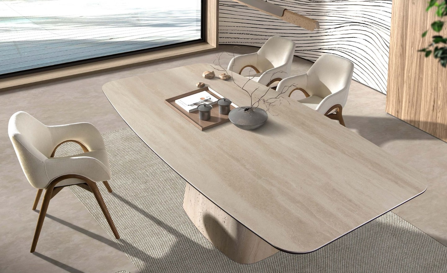 Mesa de Jantar Eiran 1171 oval com tampo em mármore porcelânico cor de areia e pernas revestidas a madeira | Moveistore