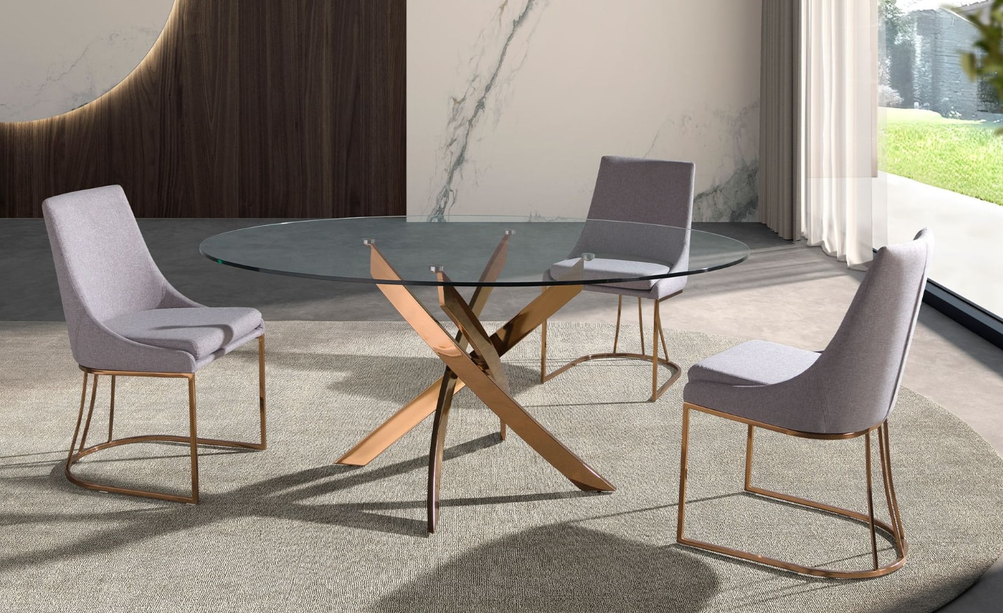 Mesa de Jantar Elyon 1169 com tampo redondo em vidro temperado e pernas cruzadas em ouro rosa | Moveistore