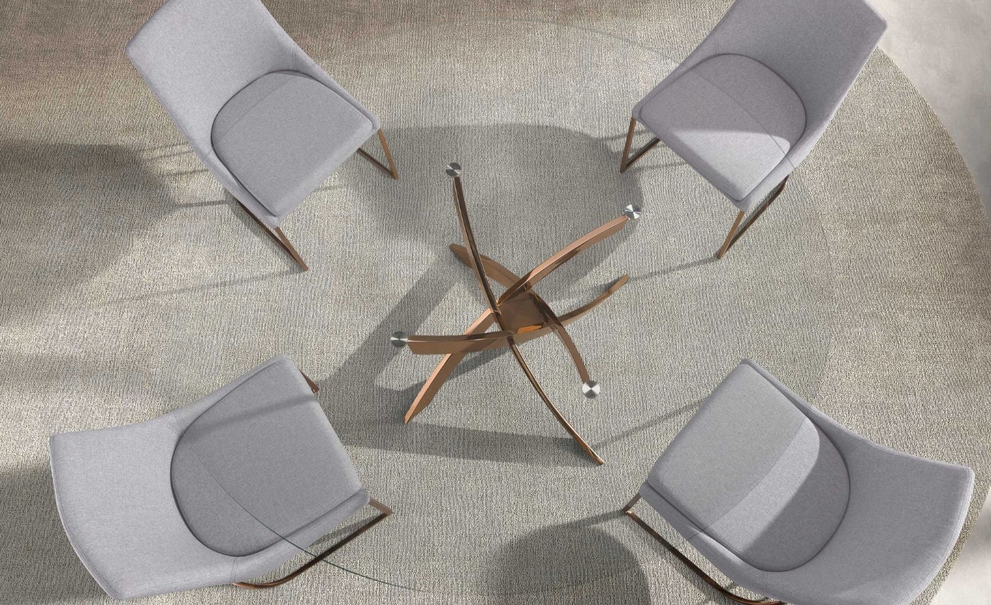 Mesa de Jantar Elyon 1169 com tampo redondo em vidro temperado e pernas cruzadas em ouro rosa | Moveistore