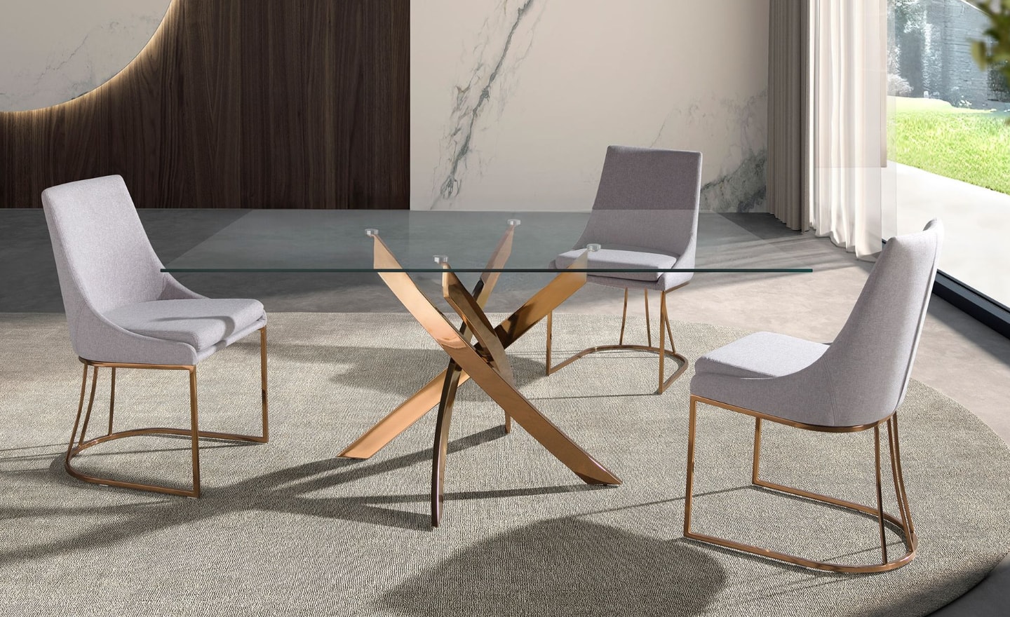 Mesa de Jantar Elyon Retangular 1169 com tampo em vidro e estrutura cromada em ouro rosa | Moveistore