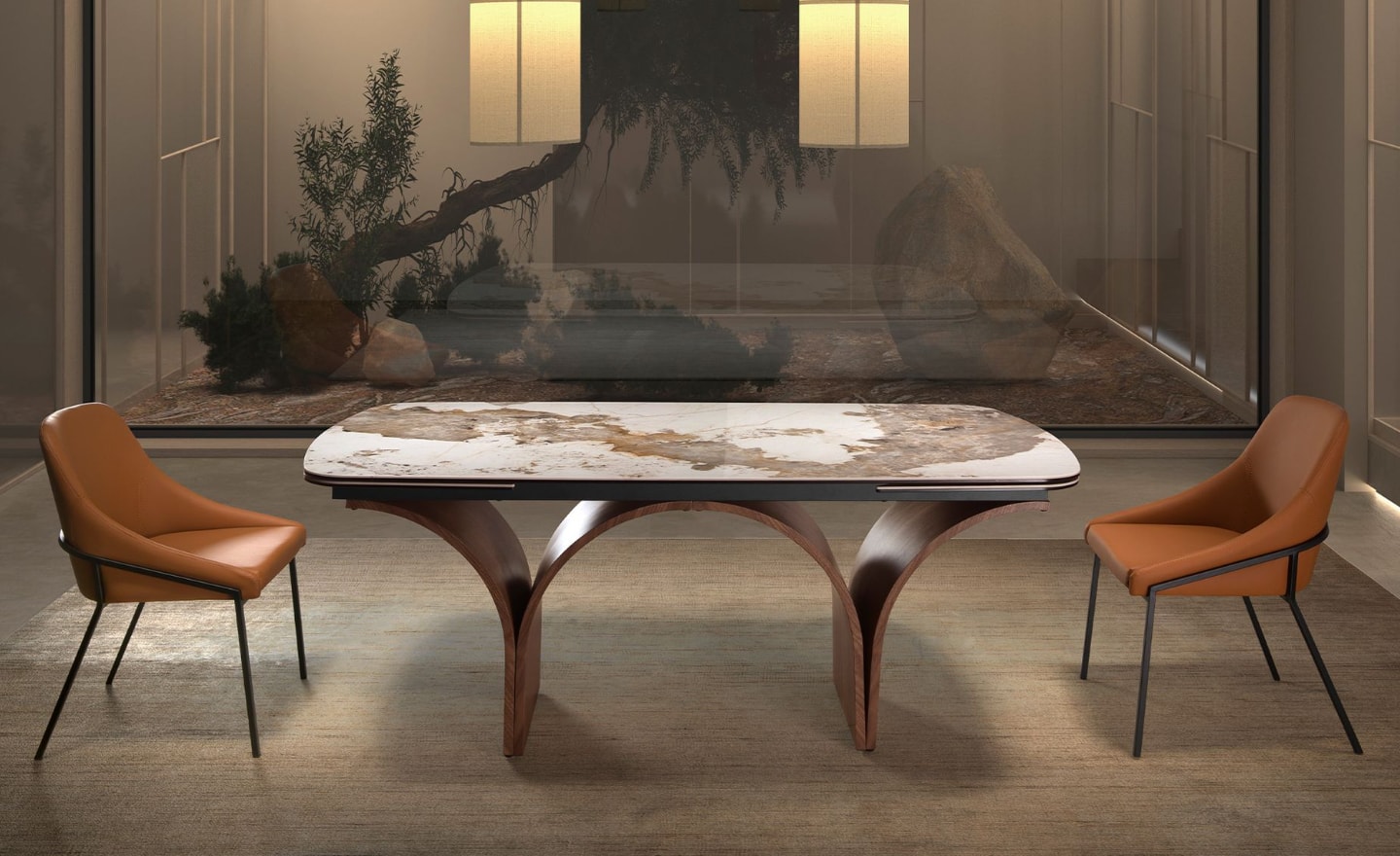 Mesa de Jantar Extensível Arcádia 1156 com tampo em mármore porcelânico branco e estrutura em aço efeito madeira de nogueira, design moderno e funcional | Moveistore