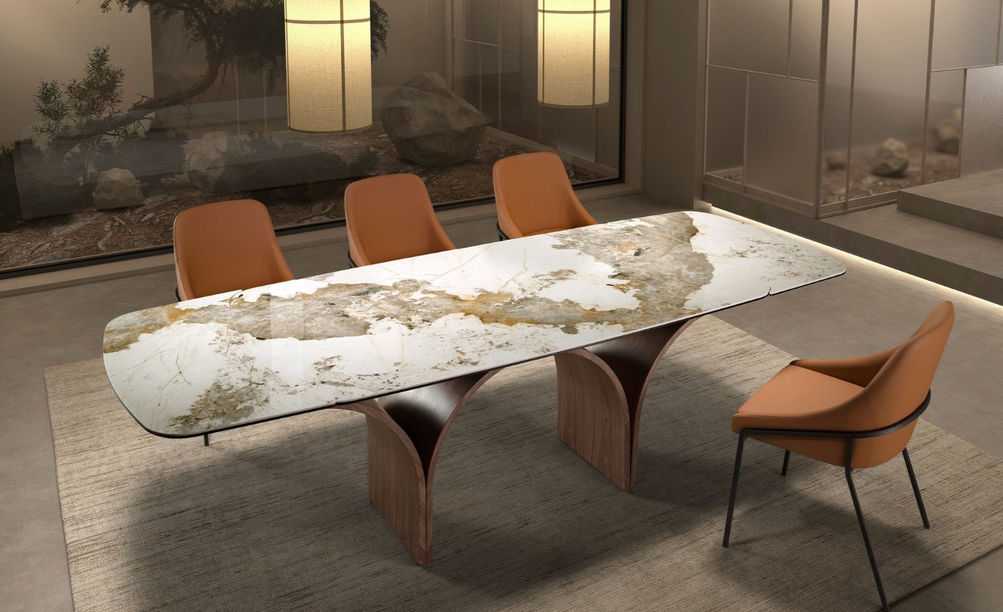 Mesa de Jantar Extensível Arcádia 1156 com tampo em mármore porcelânico branco e estrutura em aço efeito madeira de nogueira, design moderno e funcional | Moveistore