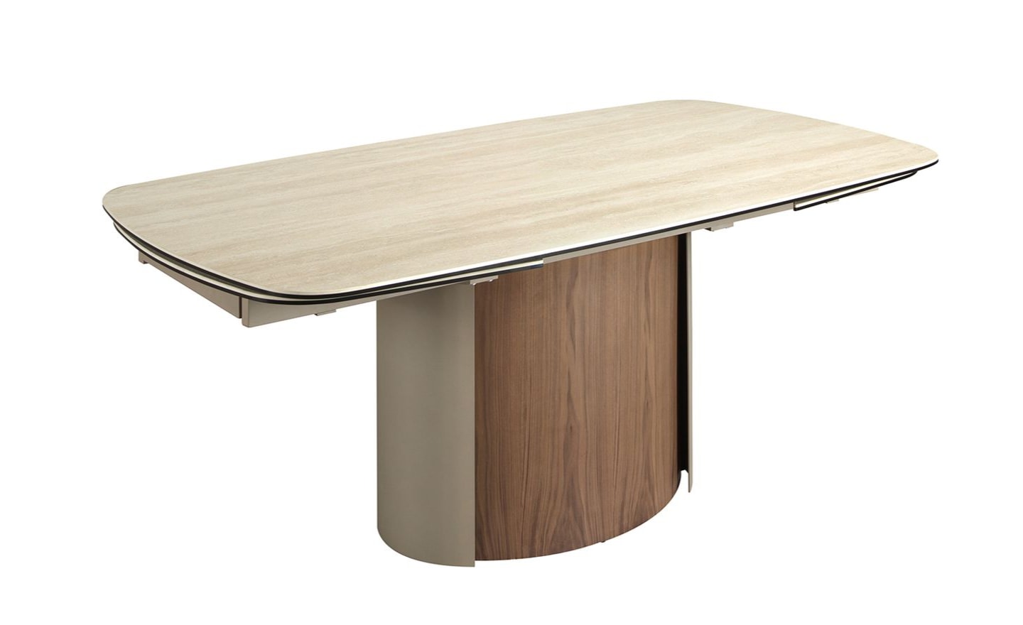 Mesa de Jantar Extensível Elor 1162 com tampo em mármore porcelânico cor de areia e pernas em aço lacado areia | Moveistore