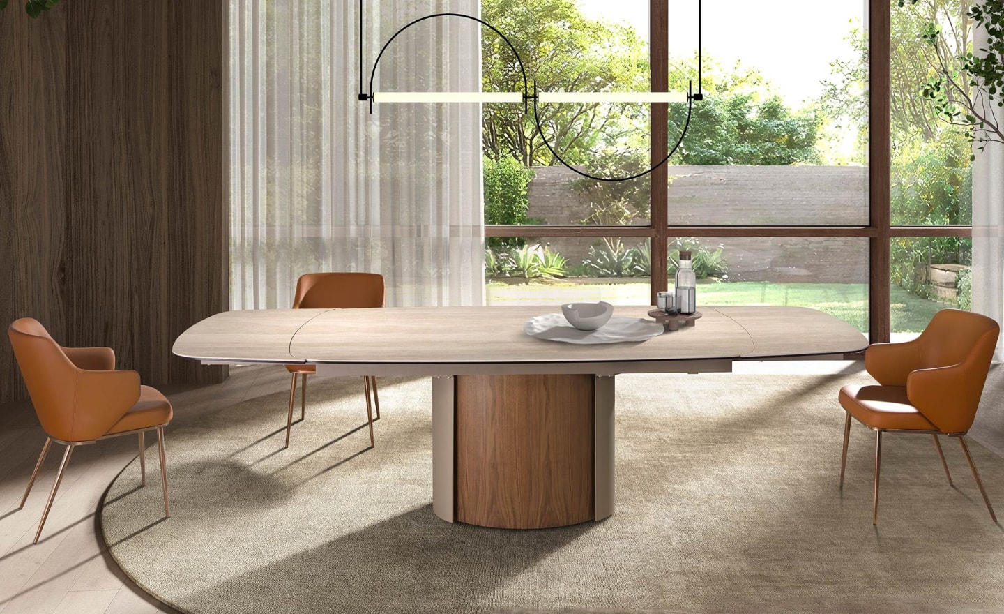 Mesa de Jantar Extensível Elor 1162 com tampo em mármore porcelânico cor de areia e pernas em aço lacado areia | Moveistore