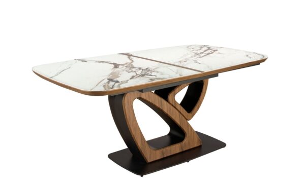 Mesa de Jantar Extensível Infinity 1161 com tampo em mármore porcelânico branco e estrutura em nogueira natural | Moveistore
