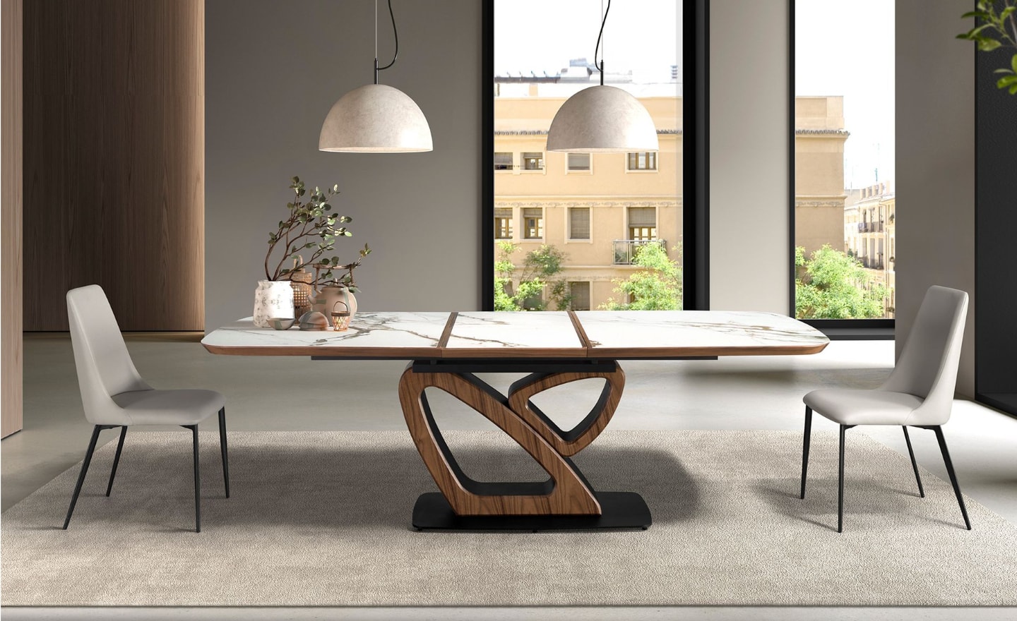 Mesa de Jantar Extensível Infinity 1161 com tampo em mármore porcelânico branco e estrutura em nogueira natural | Moveistore