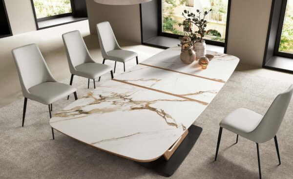 Mesa de Jantar Extensível Infinity 1161 com tampo em mármore porcelânico branco e estrutura em nogueira natural | Moveistore