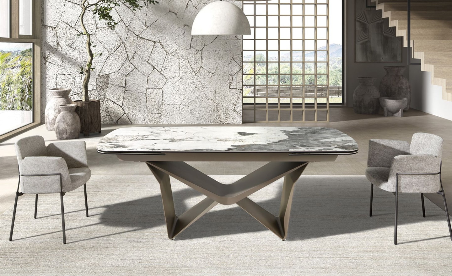 Mesa de Jantar Extensível Orion 1154 com tampo em mármore porcelânico branco veios cinzentos e castanhos e pernas metálicas taupe | Moveistore