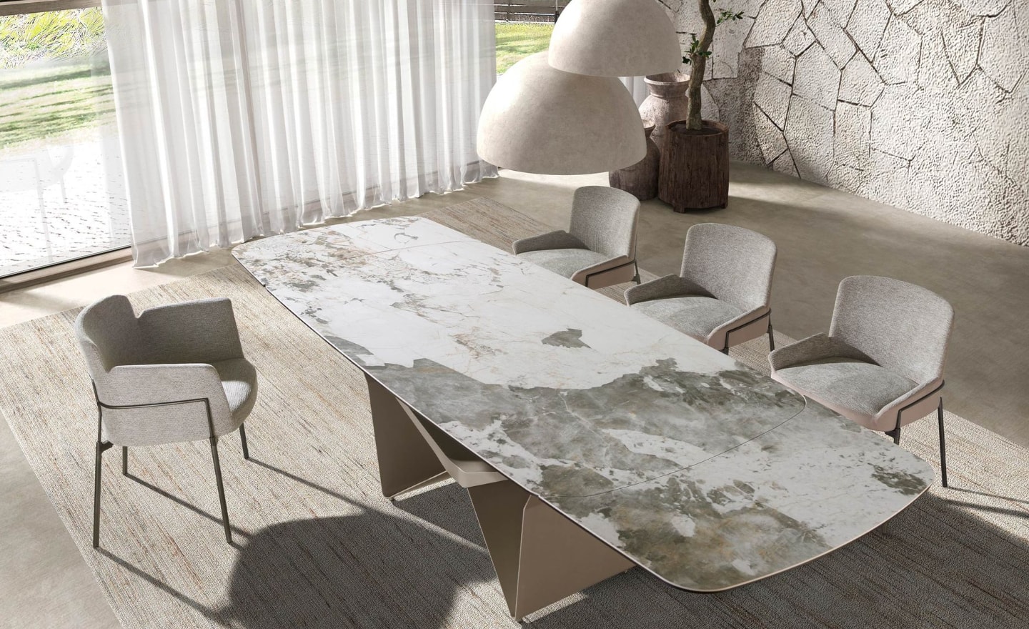 Mesa de Jantar Extensível Orion 1154 com tampo em mármore porcelânico branco veios cinzentos e castanhos e pernas metálicas taupe | Moveistore