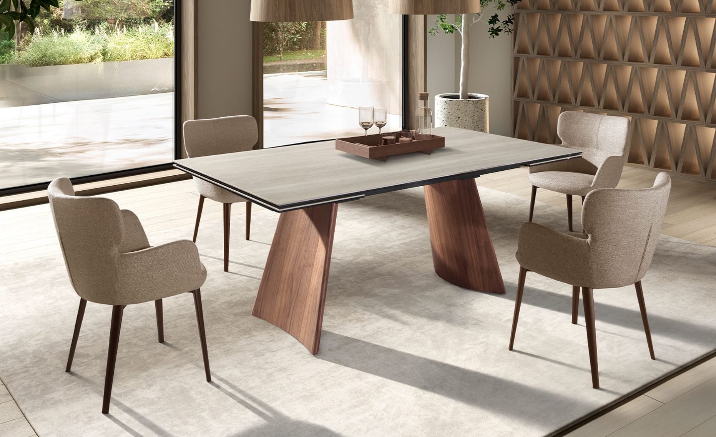 Mesa de Jantar Extensível Varyn 1164 com tampo em mármore porcelânico cor de areia e pernas em aço folheado a nogueira natural | Moveistore