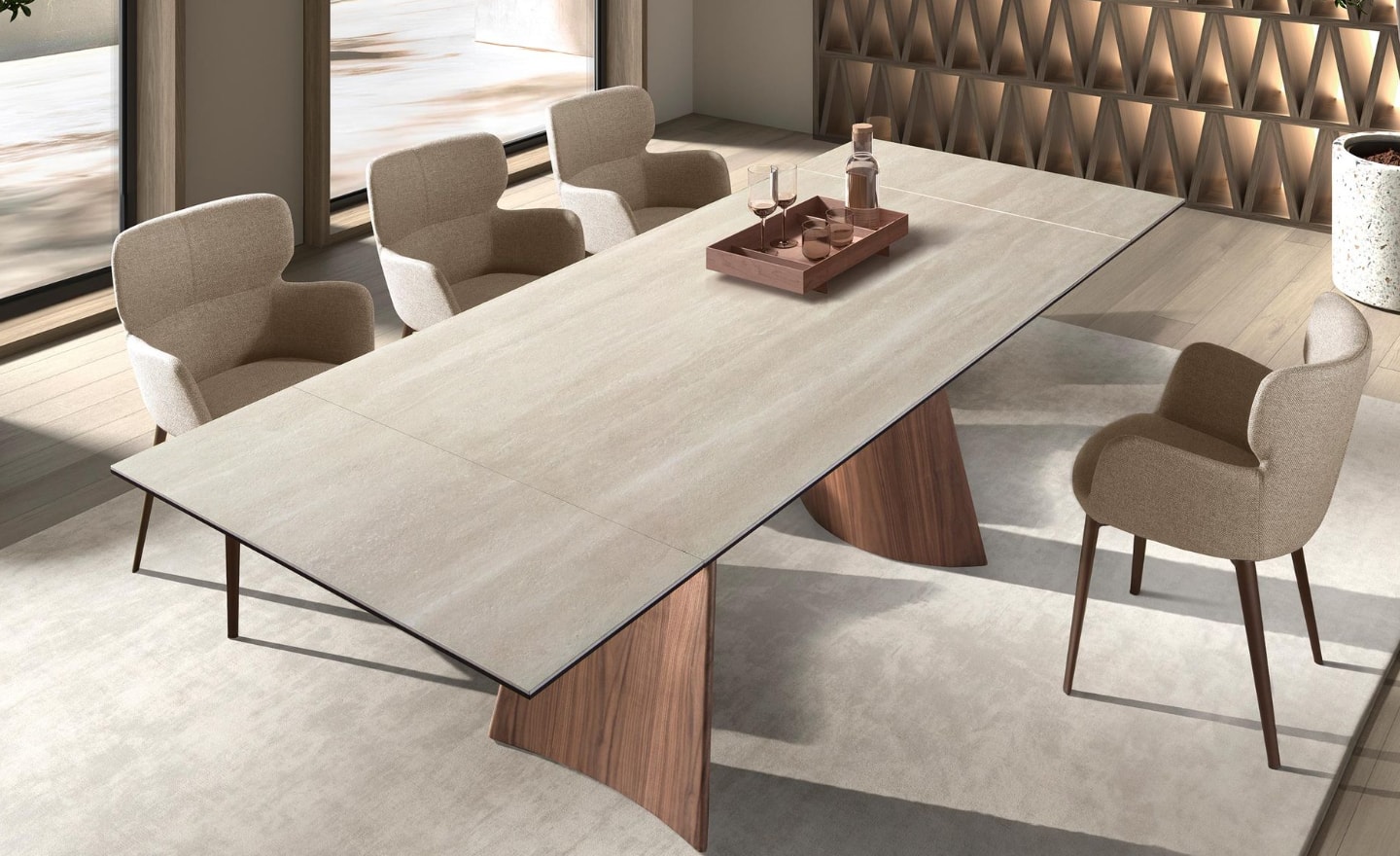 Mesa de Jantar Extensível Varyn 1164 com tampo em mármore porcelânico cor de areia e pernas em aço folheado a nogueira natural | Moveistore