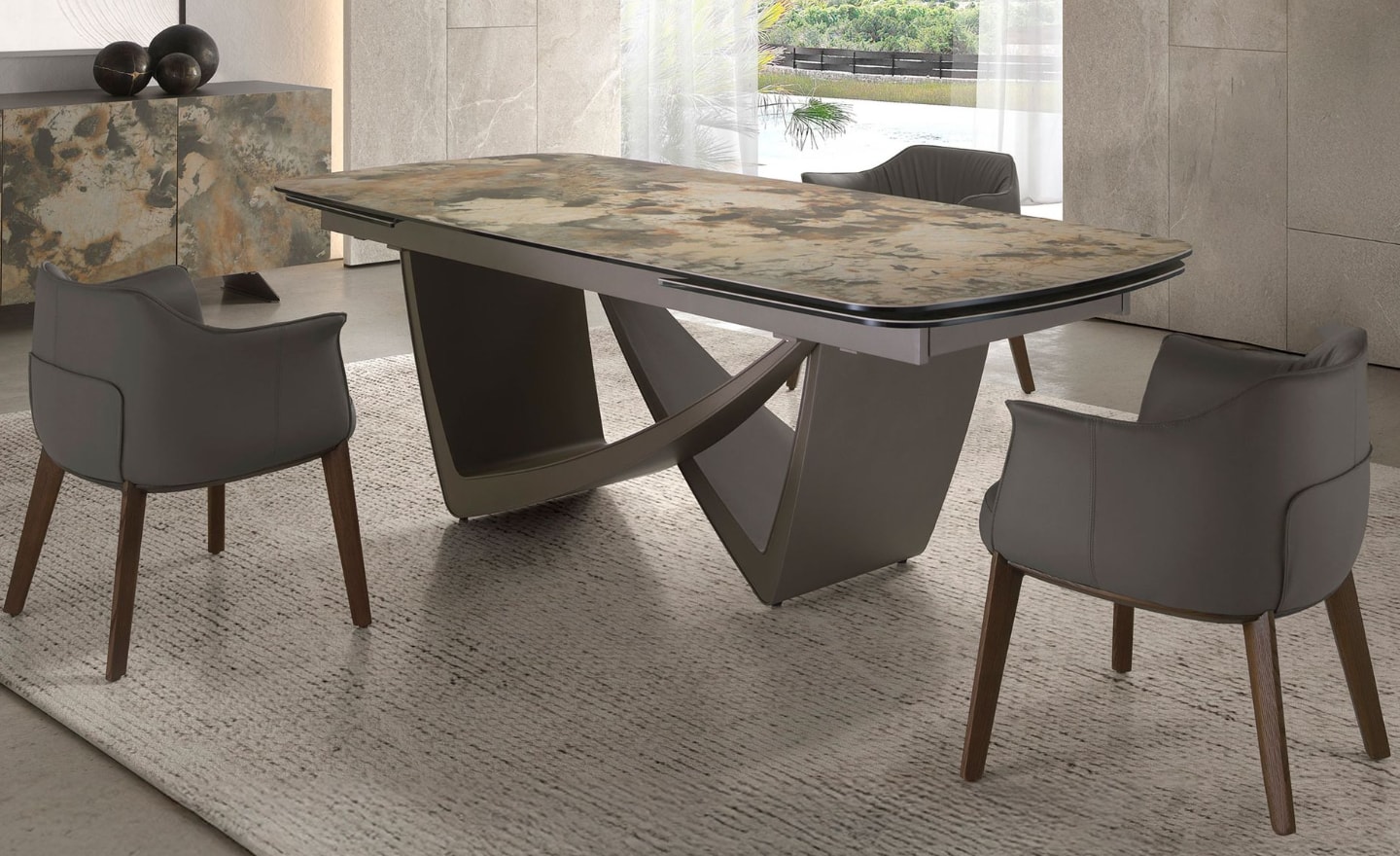 Mesa de Jantar Extensível Gaia 1152 com tampo em mármore porcelânico e estrutura metálica taupe | Moveistore