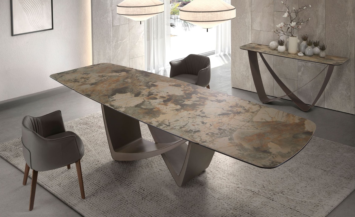 Mesa de Jantar Extensível Gaia 1152 com tampo em mármore porcelânico e estrutura metálica taupe | Moveistore