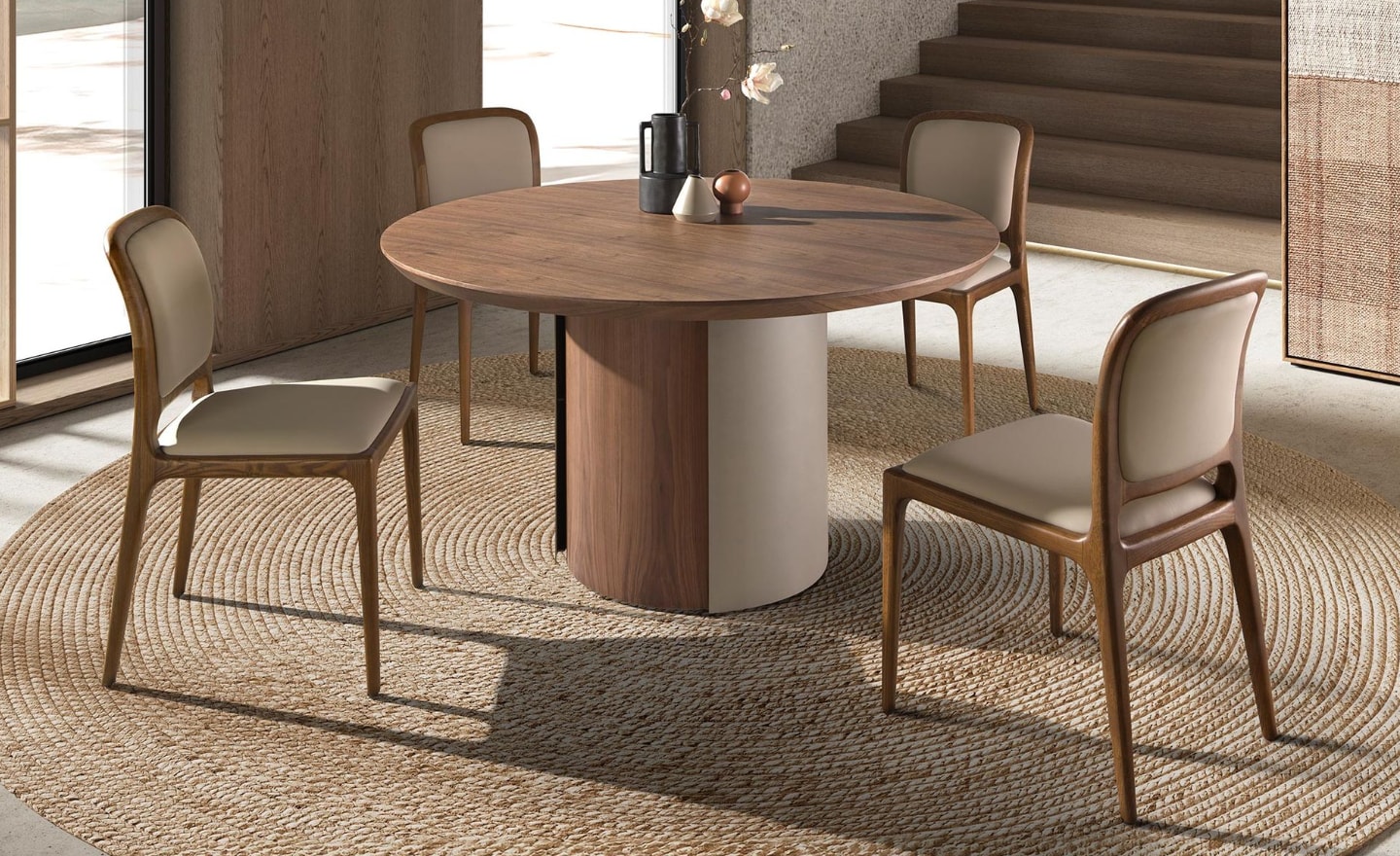 Mesa de Jantar Redonda Lior 1163 com tampo em nogueira natural e pernas metálicas cor de areia | Moveistore