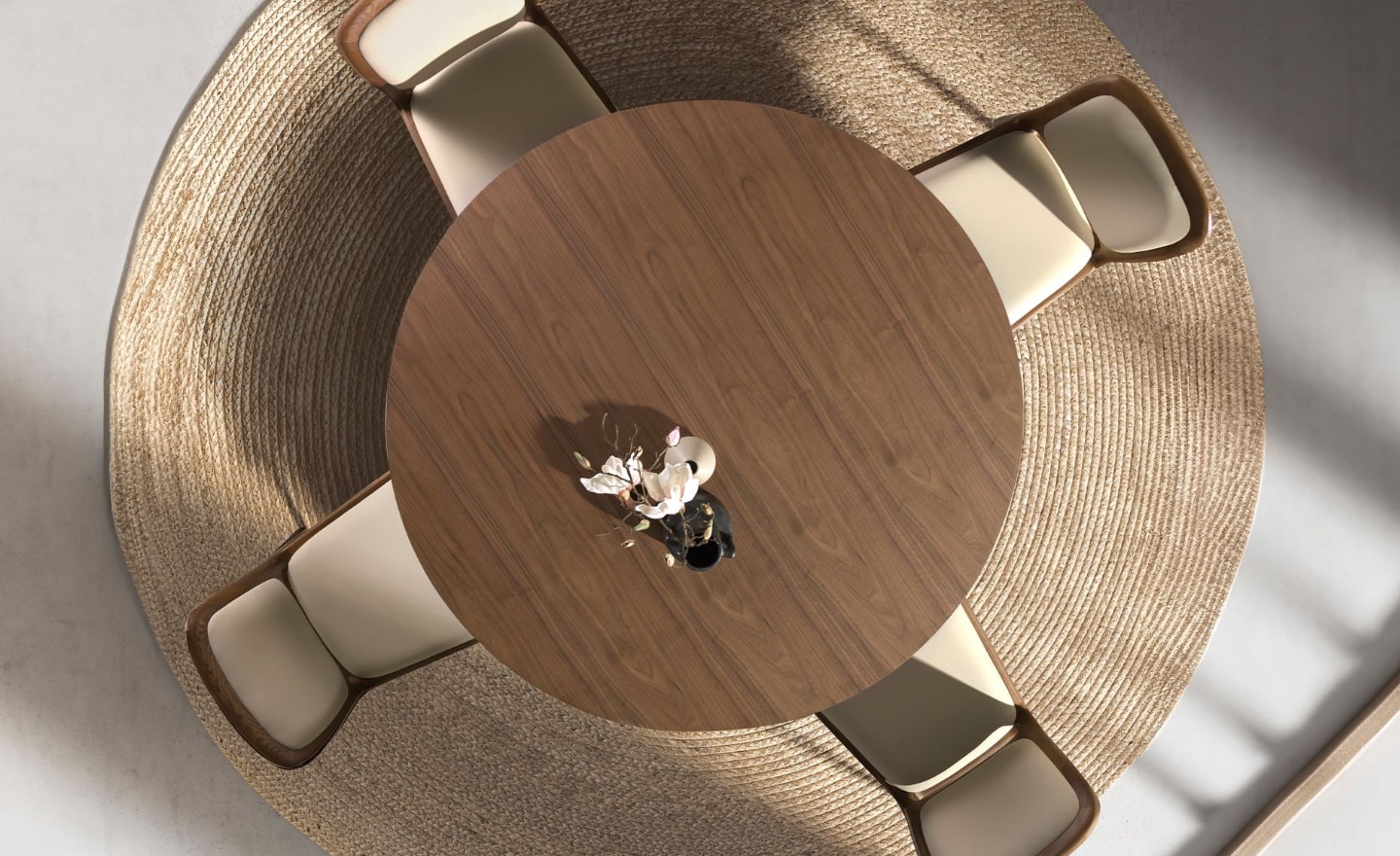 Mesa de Jantar Redonda Lior 1163 com tampo em nogueira natural e pernas metálicas cor de areia | Moveistore