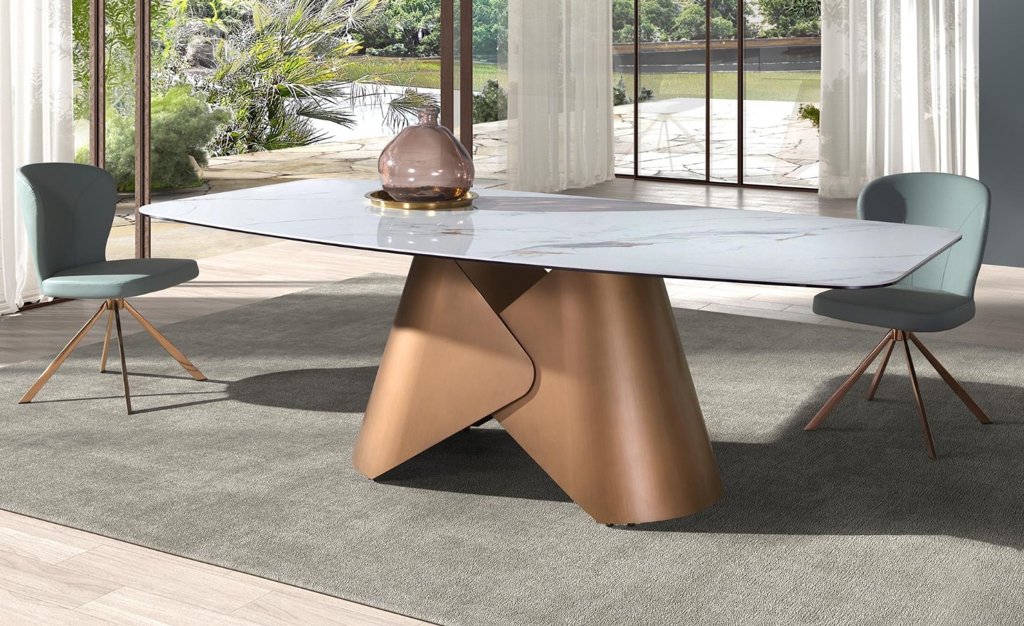 Mesa de Jantar Navir 1172 oval com tampo em mármore porcelânico branco e pernas em aço bronze | Moveistore