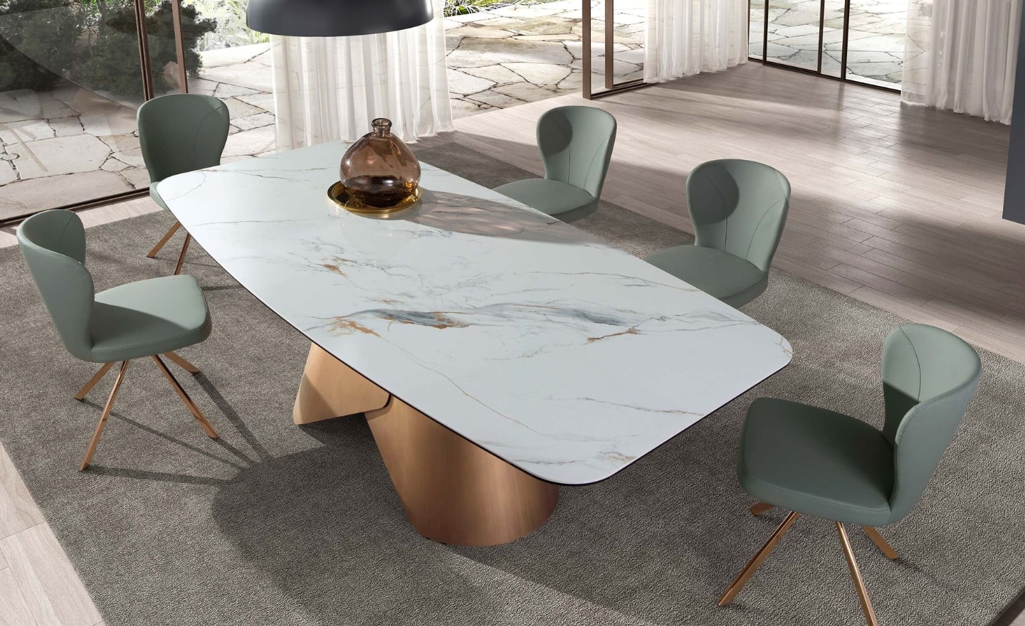Mesa de Jantar Navir 1172 oval com tampo em mármore porcelânico branco e pernas em aço bronze | Moveistore