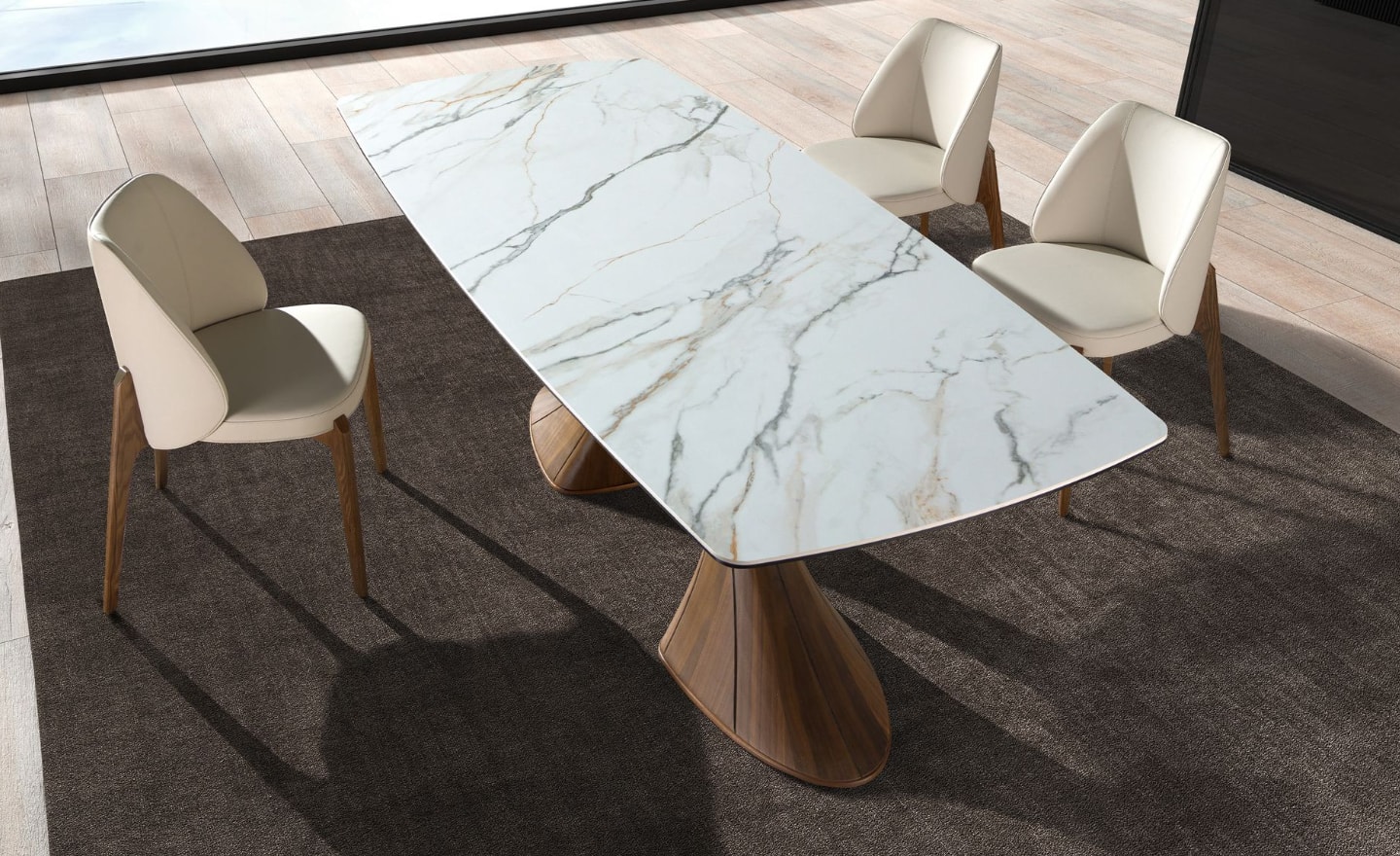 Mesa de Jantar Noriel 1174 com tampo em mármore porcelânico branco com veios cinza‑castanho e pernas em nogueira natural | Moveistore