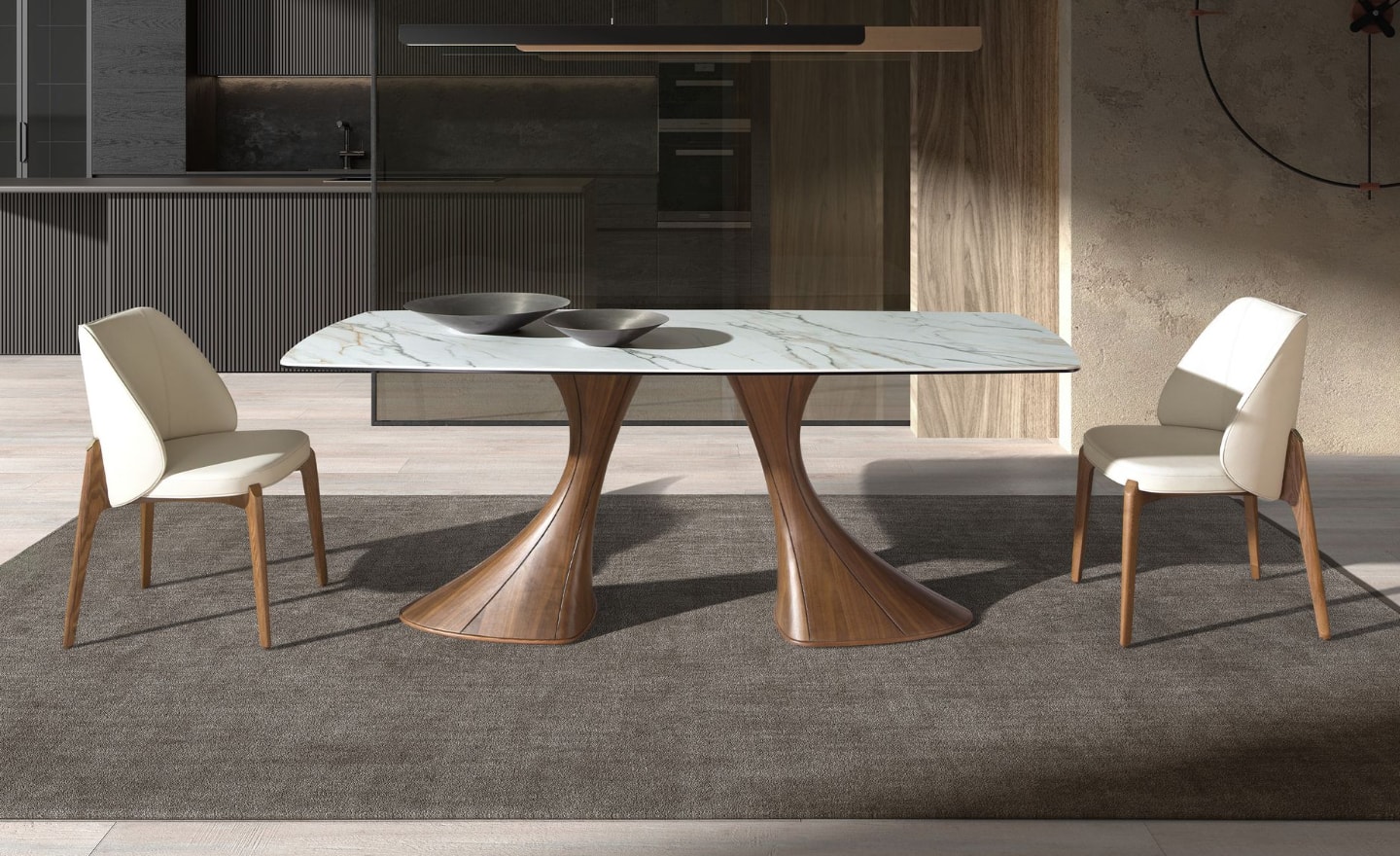 Mesa de Jantar Noriel 1174 com tampo em mármore porcelânico branco com veios cinza‑castanho e pernas em nogueira natural | Moveistore