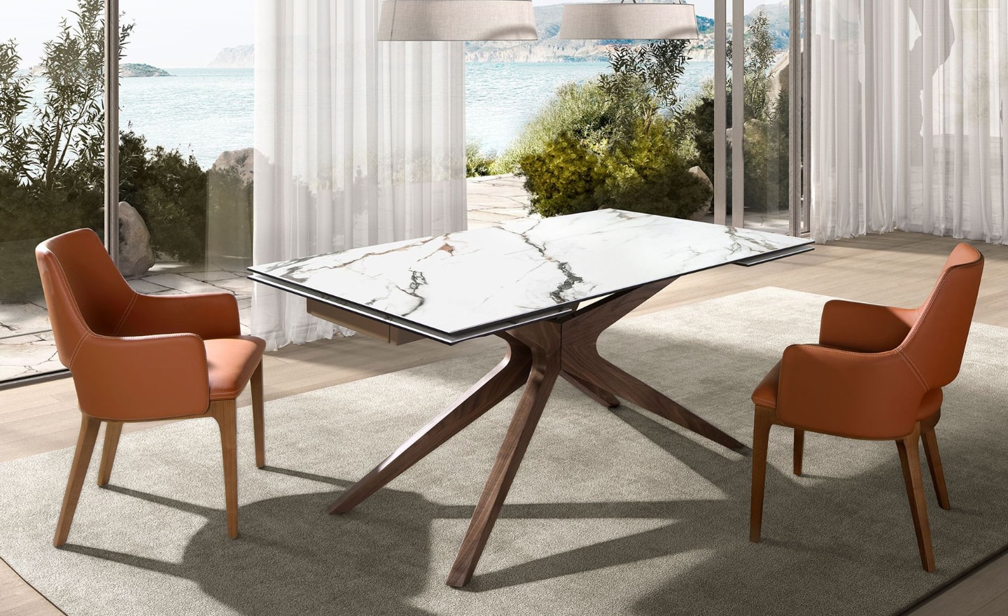 Mesa de Jantar Extensível Oren 1157 com tampo em mármore porcelânico branco e pernas em nogueira natural | Moveistore