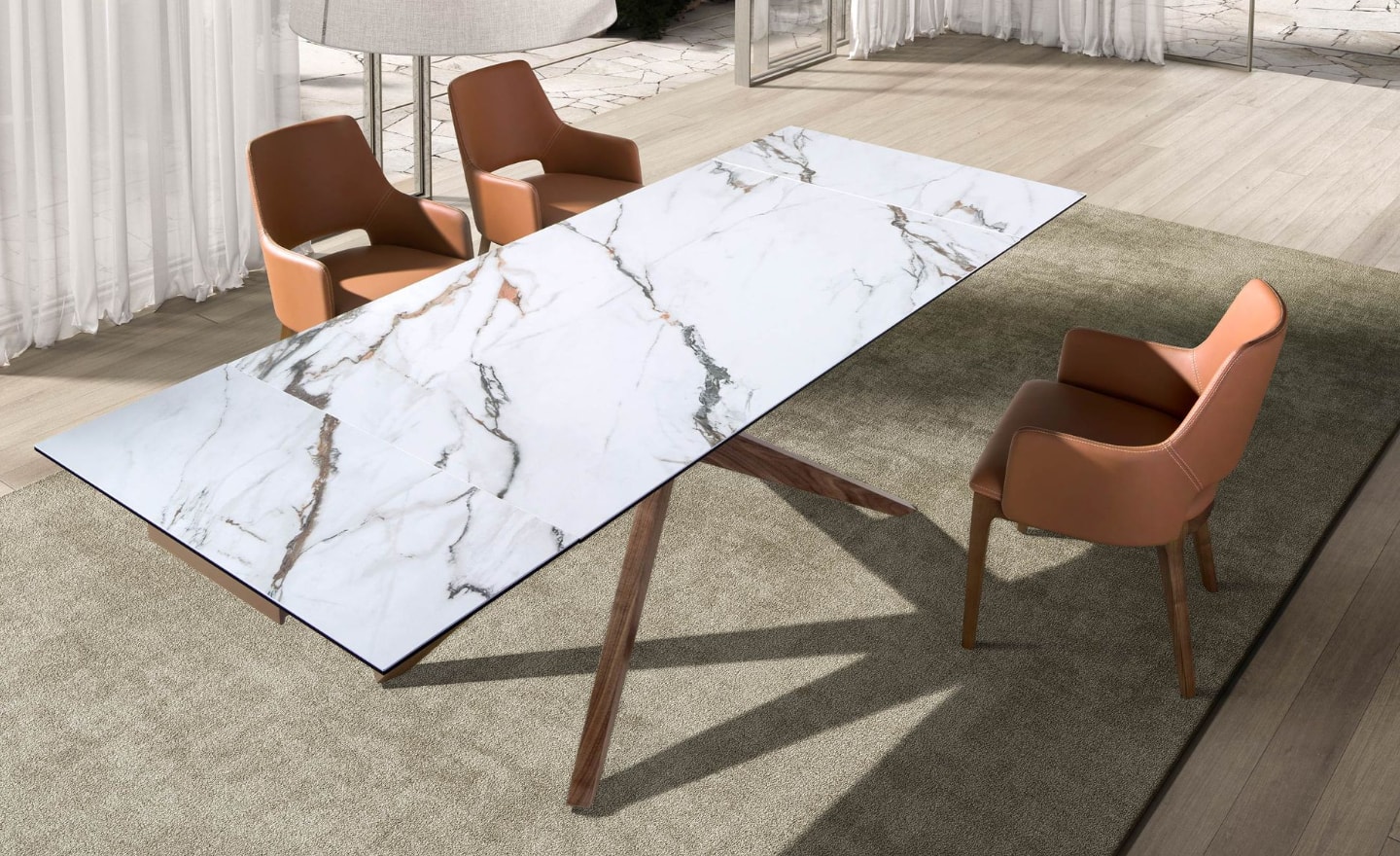 Mesa de Jantar Extensível Oren 1157 com tampo em mármore porcelânico branco e pernas em nogueira natural | Moveistore