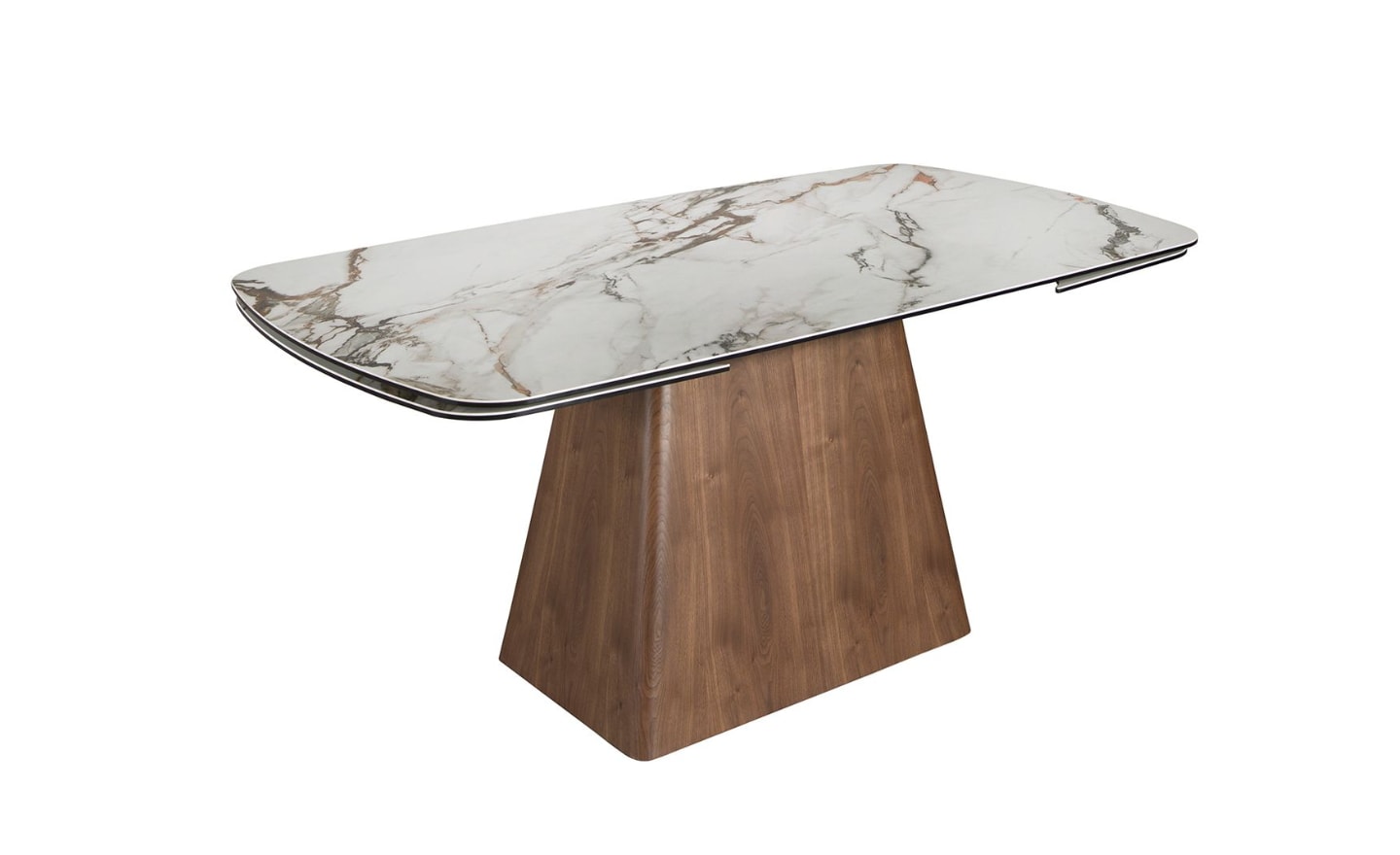 Mesa de Jantar Extensível Orlan 1158 com tampo em mármore porcelânico branco com veios castanhos e pernas em madeira de nogueira natural | Moveistore