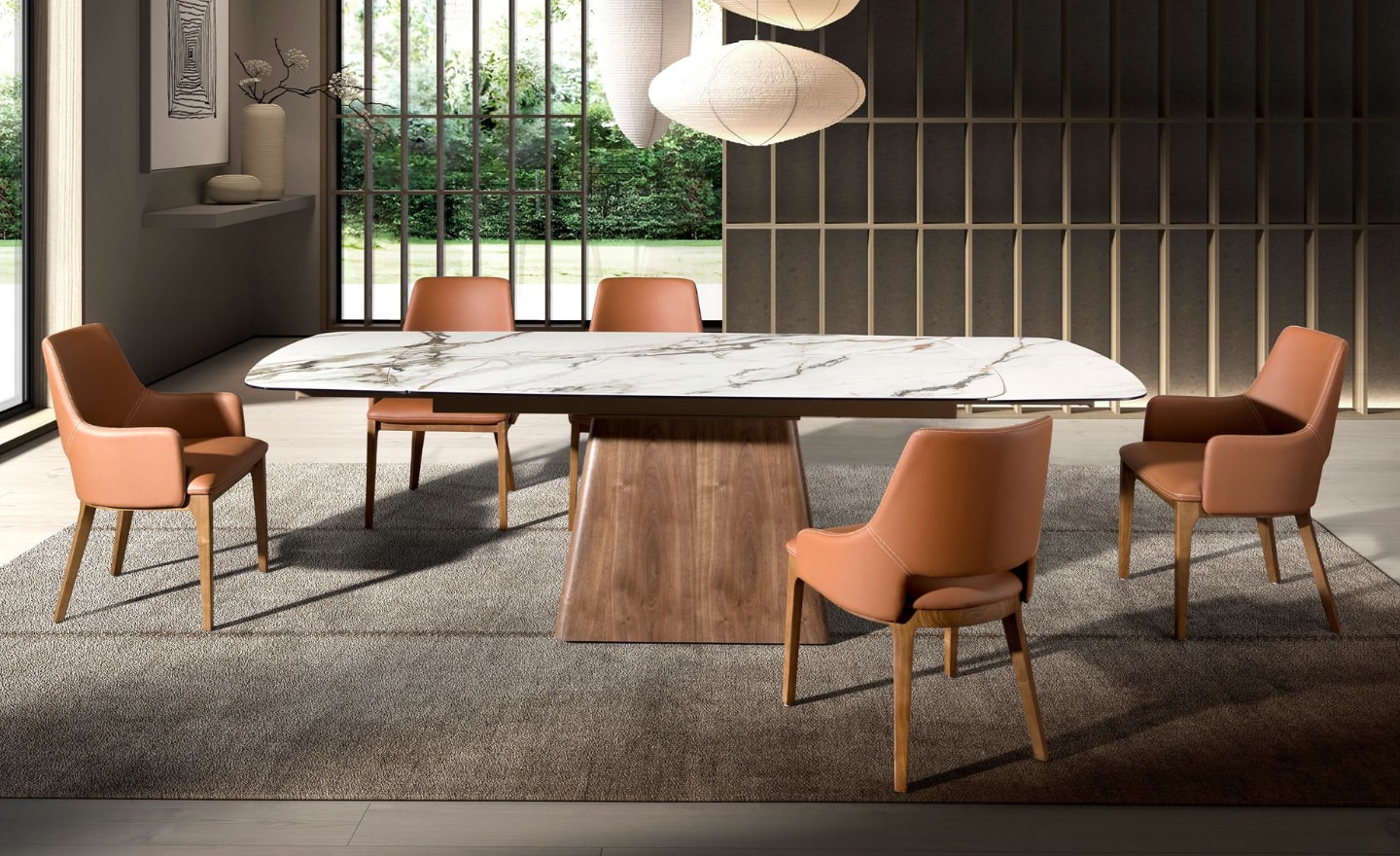 Mesa de Jantar Extensível Orlan 1158 com tampo em mármore porcelânico branco com veios castanhos e pernas em madeira de nogueira natural | Moveistore